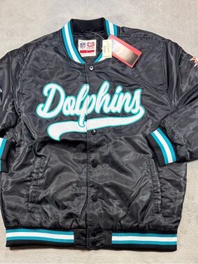 NWT Ultra Game Miami Dolphins Satin Jacket Size Large Script Logo.